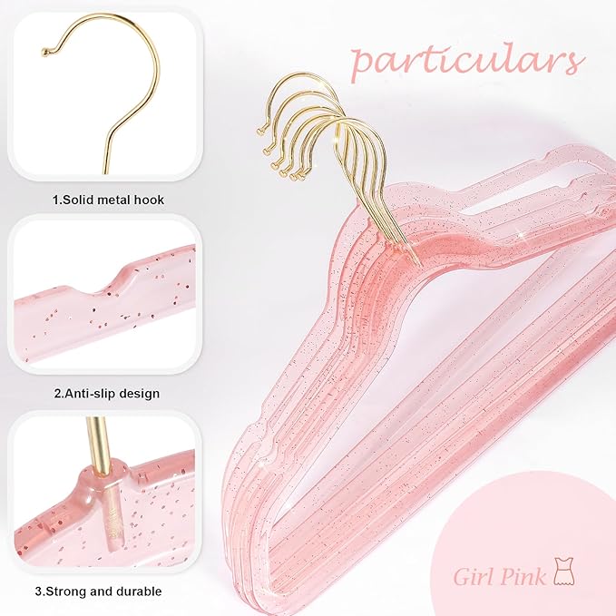 Baby Glitter Hanger 20 Pack,13.97" Kids Toddler Hangers for Closet, Pink Sparkling Plastic Baby Clothes Non-Slip Space Saving Hangers for Dress Up,Large Girl's Pink Hanger