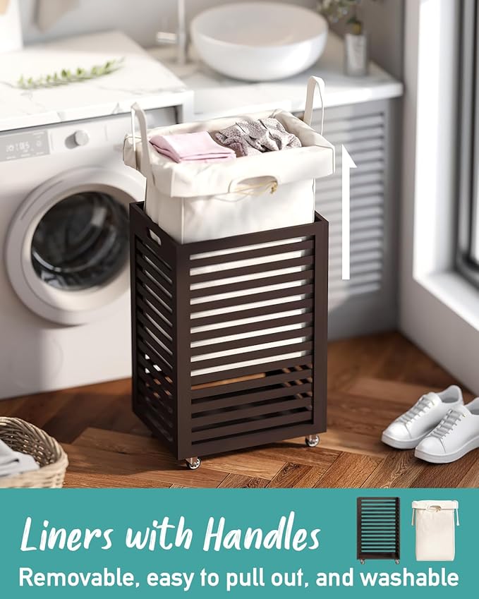 Laundry Hamper with Wheels, 22.7 Gallon (86L) Bamboo Wood Clothes Laundry Basket with Handles, Removable Liner