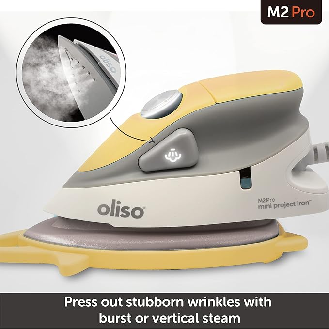 oliso M2Pro Mini Steam Iron with Solemate® – 1000 Watt Dual Voltage Travel Iron for Sewing, Quilting, and Crafting – Ceramic Soleplate, Precision Tip – Butterscotch