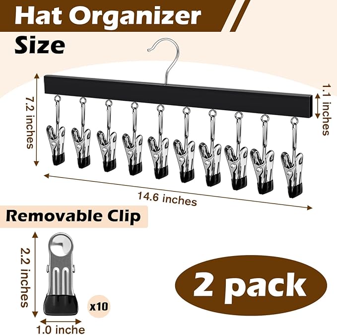 2 Pack Hat Organizer for Baseball Caps with 10 Stainless Steel Clips, Wooden Baseball Cap Organizer, Fits All Caps, Black