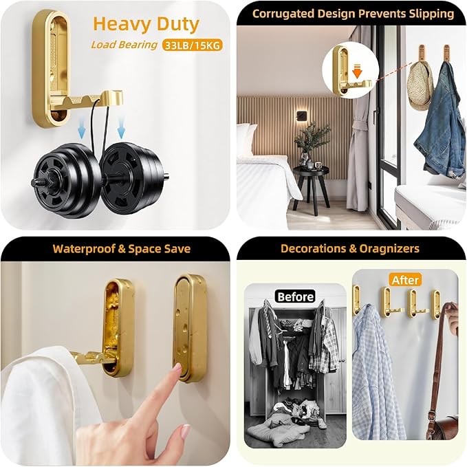 Foldable Wall Hooks Heavy Duty Zinc Alloy Folding Coat Hook Wall Mounted, Space-Saving Flip Down Hook for Bathroom Entryway Closet, Gold Walls Hooks for Hanging Coat Towels Hat Bag Keys Plants（4PCS）