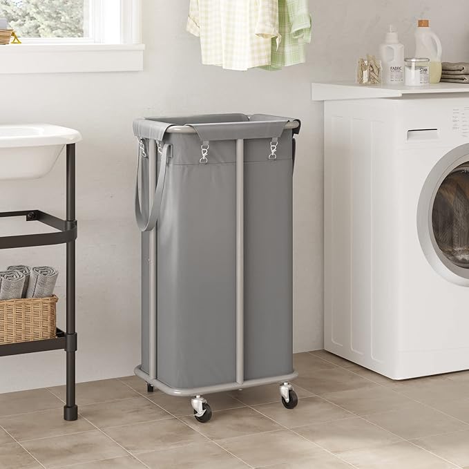 WOWLIVE 100L Rolling Laundry Hamper with Wheels Large Laundry Basket Organizer Laundry Cart with Steel Frame and Removable Bag Foldable Tall Dirty Clothes Hamper Dorm Room Storage for Bedroom (Grey)