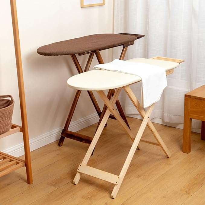 Premium Solid Wood Ironing Board with Foam Pad & Cotton Cover, Adjustable Height for Home Use(Log)