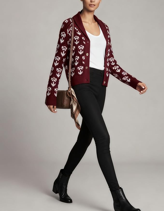 Women Floral Cropped Cardigan Sweaters Shawl Collar Long Sleeve Button Down Knit Jacket Flower Print Knitwear
