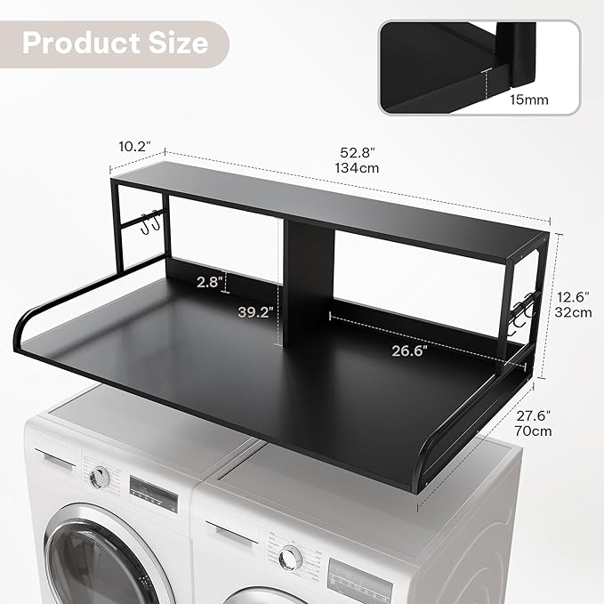 DWVO 2-Tier Washer Dryer Countertop with Shelf, 53" W x 27.6" D with 2.8" Edge Rails & 2 Hooks, Laundry Countertop for Organization, Washer and Dryer Topper, Black