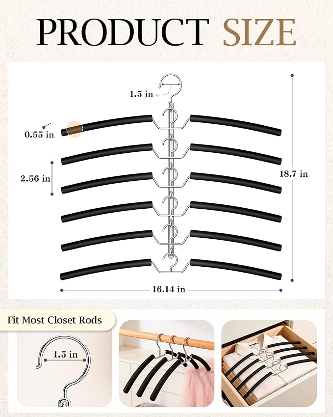 Clothes Hangers Space Saving Shirt Hangers, Non Slip 6 Layer Detachable Foam Padded Multi Hangers Shirt Organizer for Closet Organizers and Storage for Sweater Hoodie Blouse Coat Black 4 Pack