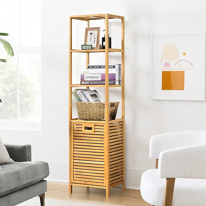 Byroce Bamboo Tilt Out Laundry Hamper with Shelves, 4-Tier Storage Shelf with Removable Laundry Basket & Handle, Tower Hamper Cabinet Organizer for Bathroom, Bedroom, Laundry Room, Living Room