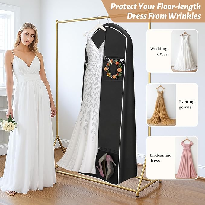 KEETDY Portable 70" Wedding Dress Garment Bag Travel with Bride Tote Bag 8'' Gusseted Hanging Dress Bags for Gowns 4 Pockets Long Dresses Storage for Women Clothes, Black