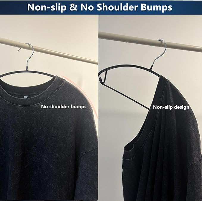 16.5 Inch Black No Shoulder Bumps No Mark Non-Slip Rubber Coated Contour Meta Hanger for Sweater T-Shirt Suit Coat Uniform with Pants Bar Pack of 20