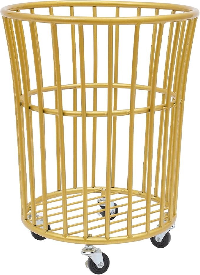 Rolling Laundry Basket Cart, Metal Laundry Hamper with Wheels, Laundry Organizer Basket Cart, Clothes Storage Organizer Hamper for Living Room,Bathroom,Closet (Gold, Round Barrel Shape)