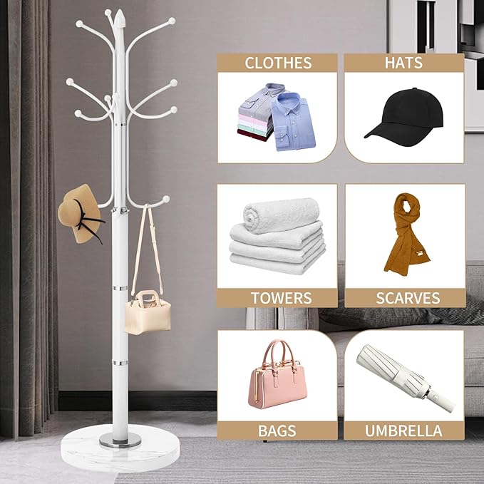 Metal Coat Rack Stand, Modern Freestanding Coat Rack with Natural Marble Base,White Coat Racks and Coat Hall Tree Hanger Stand with 12 Hooks for Entryway, Hallway, Office