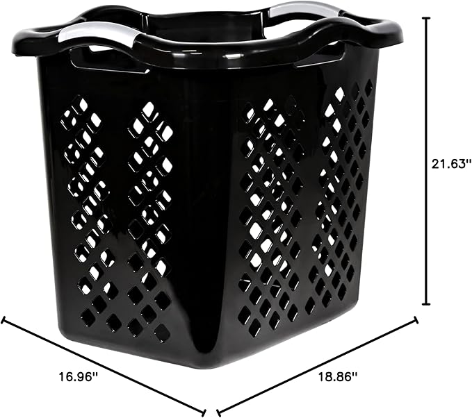 2-Pack Ultra Easy Carry Plastic Laundry Hamper, 2 Bushel Lamper Plastic Laundry Basket with Silver Handles,Dirty Clothes Laundry Hamper Bin for Home, Apartment（Black)
