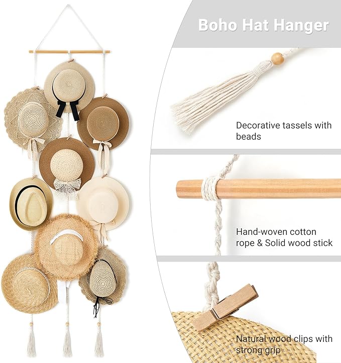 Mkono Hat Rack Hat Hangers for Wall Boho Caps Storage Display Organizer with Decorative Tassels Modern Cowboy Womens Hat Display Holder for Wide Brim Fedora Bowler Baseball Caps, Medium