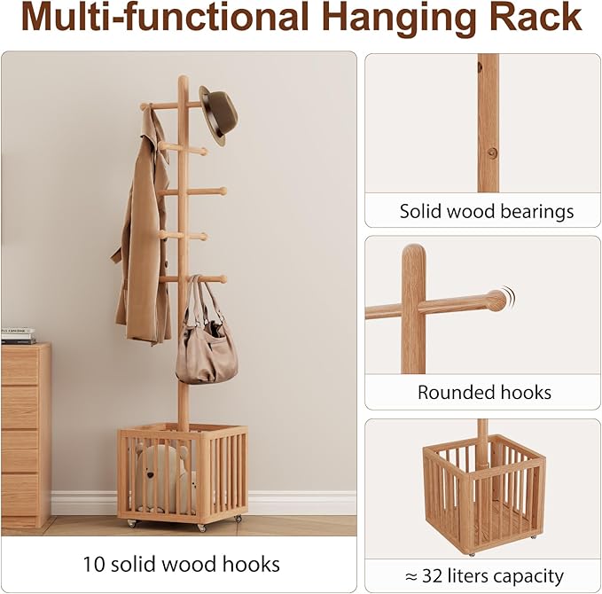 Solid Wood Coat Rack,standing coat rack with 10 Hook,Coat Rack for Freestanding,Bedroom,Living Room,Office,Hang Jackets,Bags,Clothes,Headphones(Natural)