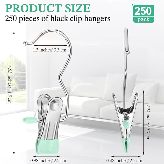 Yinder Boot Hangers Clips Laundry Hooks Hanging Stainless Steel Clothes Pins Portable Hangers for Closet Travel Socks Pants Handbags Hats Towels(Green,250 Pcs)
