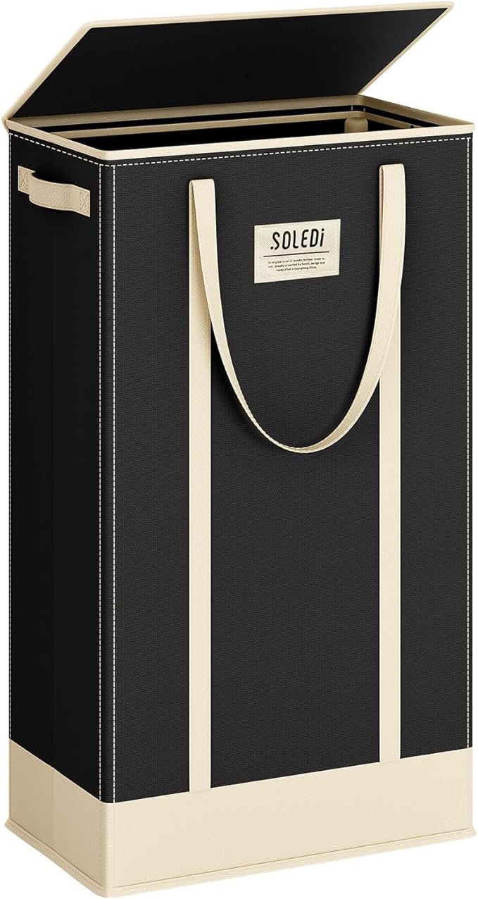 SOLEDI Slim Laundry Hamper with Lid,Collapsible Narrow Laundry Basket with Handles,Tall Skinny Dirty Clothes Hamper for for Laundry Room,Dorm,Bathroom,Bedroom,and Small Spaces, 53L Black