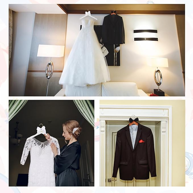 2 Pcs Bride Hanger for Wedding Dress Bride and Groom Wooden Wedding Dress Hanger Set with Bow Tie for Tuxedo Suit Gift Bridal Party Shower