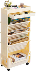 AGTEK 5 Tier Rolling Utility Cart, Book Cart with Wheels, Office Book Carts with Divided Top Shelf for Organizing Books and Supplies in Home, Office, Classroom, Beige