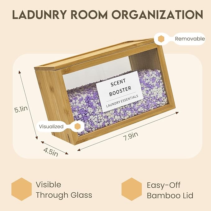 2 Pack Laundry Pods Container, Glass and Bamboo Dryer Sheet Holder with Lid and 6 Labels, Powder Detergent Containers for Laundry Room Organization, Laundry Organizer for Scent Booster