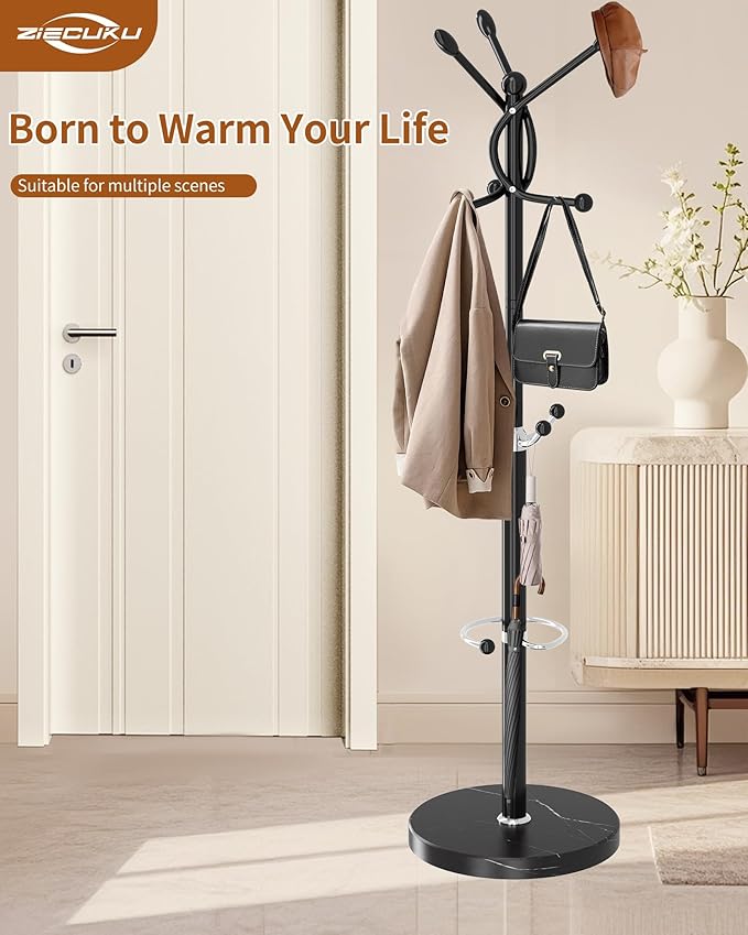 Metal Coat Rack with Natural Marble Base, Coat Rack Stand with 12 Hooks & Umbrella Holder, Black Modern Freestanging Coat Racks, Coat Jacket Hanger Tree Stand for Corner Entryway Office