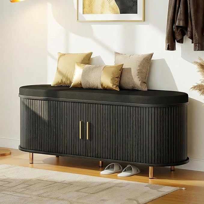 Entryway Bench with Storage: 43.31" Wooden Bedroom Shoe Bench with Thickened Padded Seat Cushion, Mid Century Modern Fluted Sliding Door and Adjustable Shelf, for Entryway, Living Room