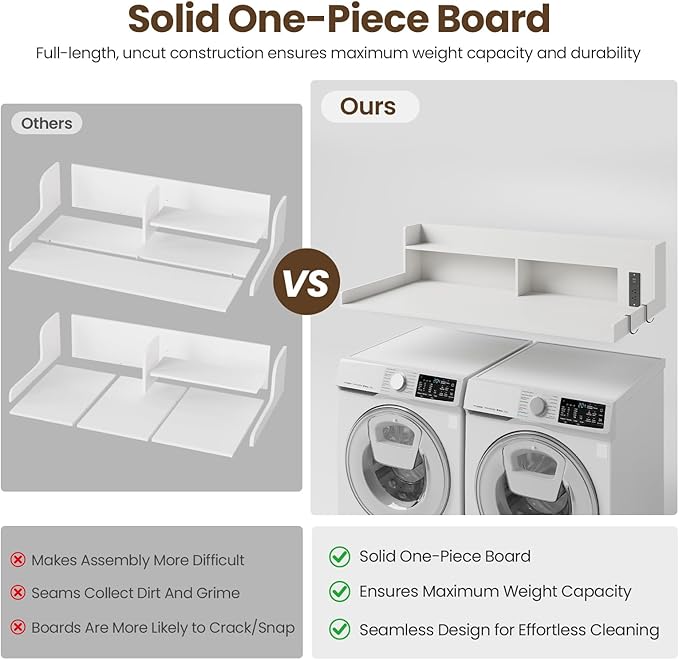 Upgraded 2-Tier Washer and Dryer Countertop with Power Outlet,54" W x 27.6" D Large Laundry Countertop for Fold Clothes, Laundry Topper with Non-Slip Pads & Metal Hooks and Storage Basket