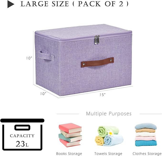 2 Pack Storage Bins with Zipper Lid Cotton Linen Fabric Lidded Storage Baskets Boxes Foldable Washable Closet Shelf Clothes Organizer Container with PU Leather Handles (Purple, Large)