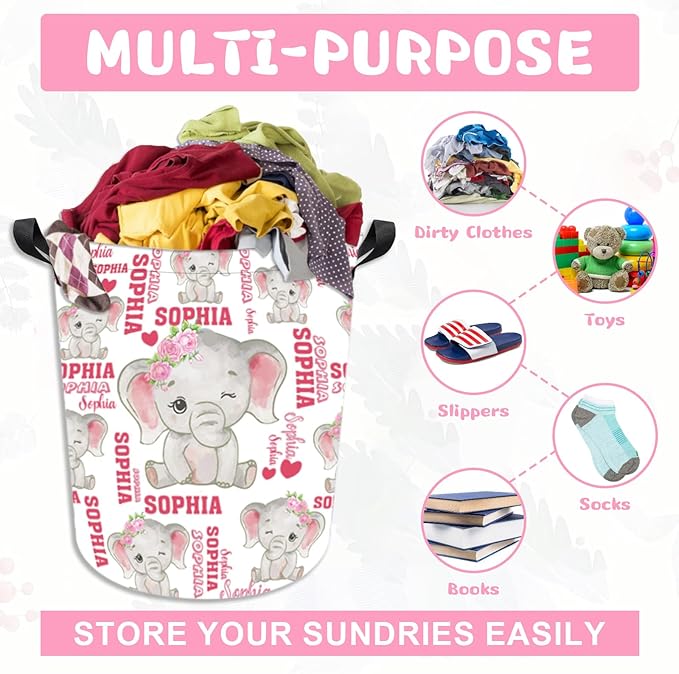 Personalized Laundry Hamper Custom Kids Dirty Clothes Hamper with Name Storage Basket for Bathroom Bedrooms Nursery for Baby Girls Boys Adults (Style-Pink Elephant)