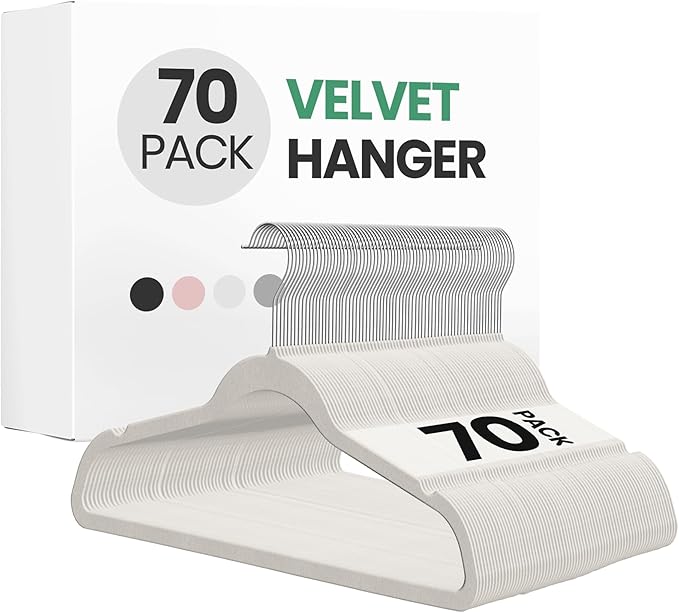 InfiniPower 70 Pack Velvet Hangers, Heavy Duty Clothes Hangers for Coat, Pants & Dress, Non-Slip Hanger Set with Shoulder Notches, 360° Swivel Hook, Space Saving Felt Hangers, White