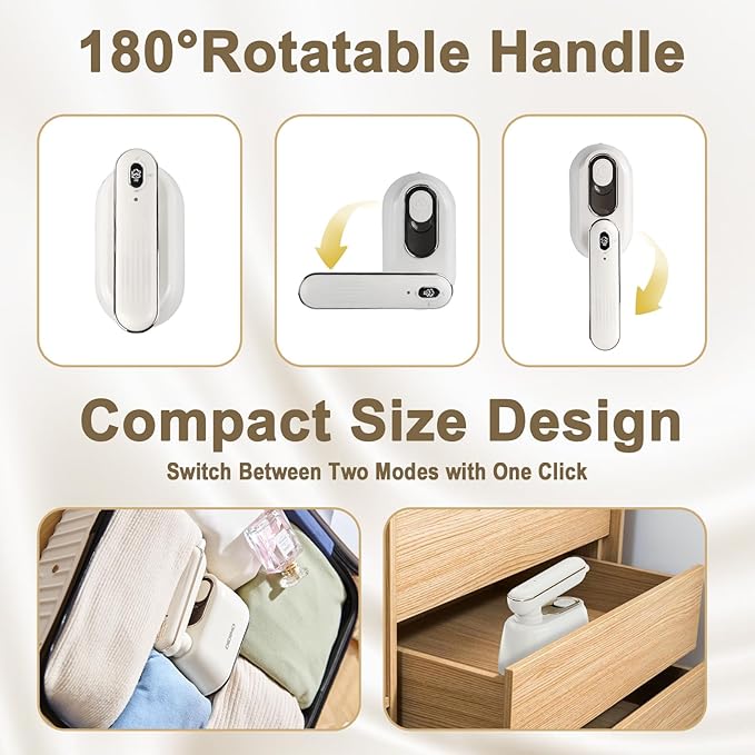 Travel Steamer, Dry & Wet 2 in 1 Portable Steamer for Clothes, 180° Rotatable Mini Steam Iron, Portable Iron Steamer for Home, Travel, Dorm, Gifts, School Gift, Home Essential (White)