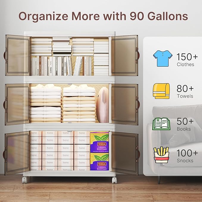 Extra Large Stackable Storage Bins, Lockable Storage Bins with Lids, Folding Storage box with Doors and Wheels, Collapsible Plastic Drawers for Home, Garage, Office (6, White, Large)
