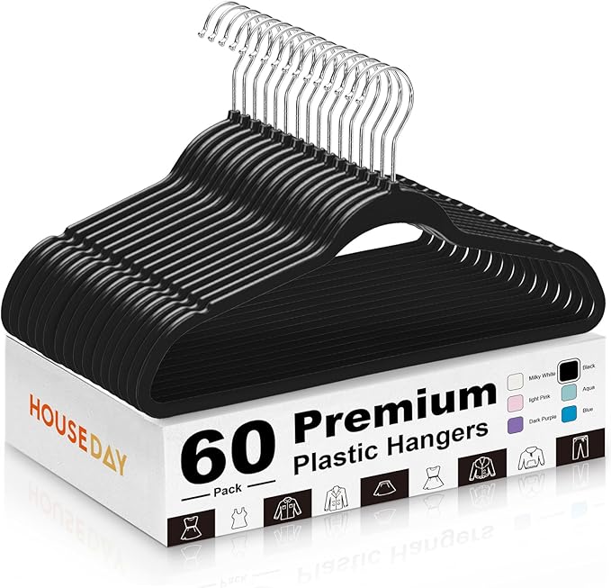 HOUSE DAY Black Plastic Hangers 60 Pack - Heavy Duty Non-Velvet Hangers with 360° Swivel Chrome Hook & Non Slip Notches - Slim Space Saving Clothes Hangers Ideal for Dresses Coats Shirts Jackets