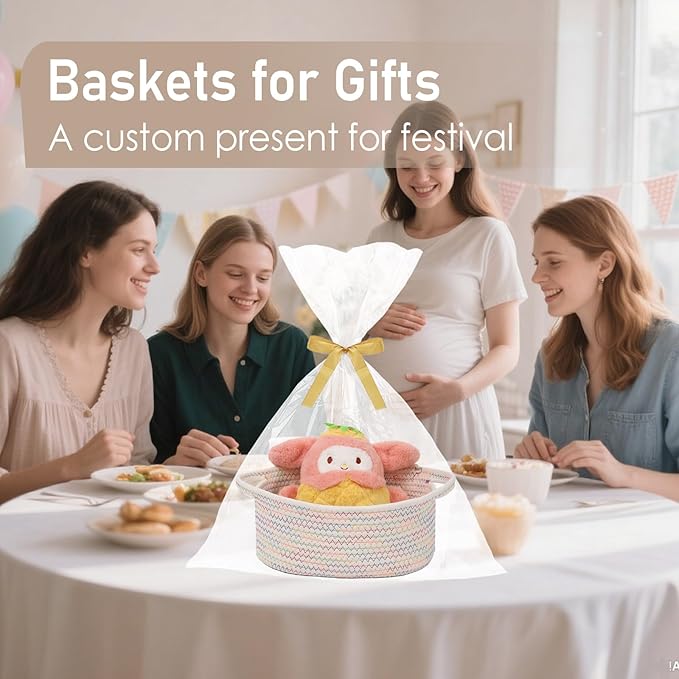 Woven Basket,Small Rope Storage Bin with Handles & Ribbon Bag, Organizer for Shelves Closets,Gift Basket Empty for Birthday,Books,Dog Toys, Colorful/3 Pack