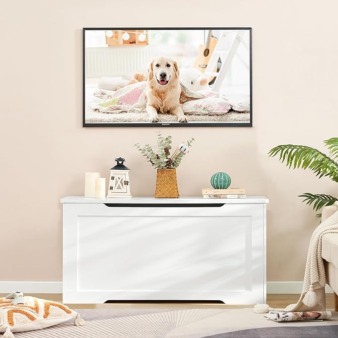 usikey 39.4” Toy Chest, Toy Box for Living Room, Storage Chest with 2 Safety Hinges, Lift Top Storage Bench, Storage Trunk, for Bedroom, Entryway, White