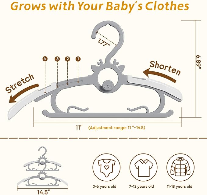 Baby Hangers 40PCS, 11"-14" Extendable and Stackable Kids Hangers, 45g Ultra-Thick Space Saving Non-Slip Plastic Hanger for Infant, Toddler and Nursery Closet