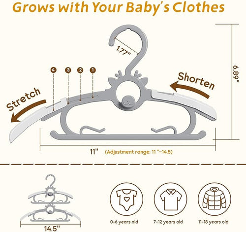 Toddler Hangers 60PCS, 11"-14" Extendable and Stackable Baby Hangers, 45g Ultra-Thick Space Saving Non-Slip Plastic Hanger for Infant, Kids and Nursery Closet, Gray