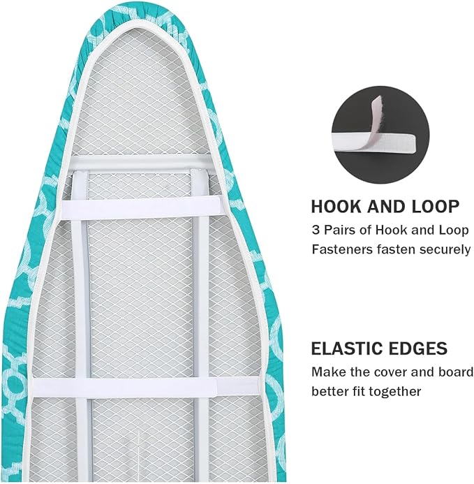 Ironing Board Cover and Pad Standard Size 15" x 54",3 Pairs of Hook and Loop Fastener Straps,Elastic Edges,Cotton Iron Board Cover with Scorch Resistant Thick Padding(Blue)