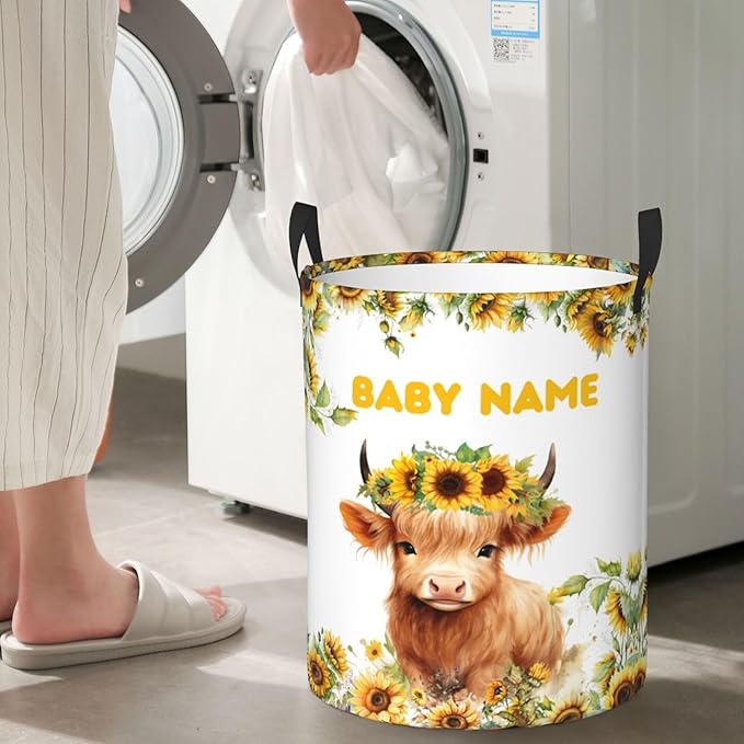 Personalized Cow Sunflower Laundry Basket For Baby Kids Boys Girls Adult Custom Hamper Basket With Name For Bathroom Bedrooms Collapsible Baby Laundry Basket, Dirty Clothes Hamper With Handles