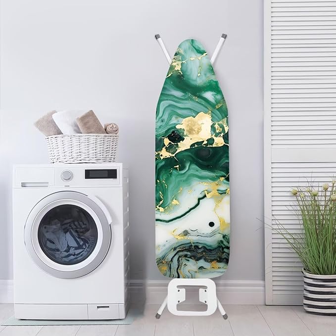 Green Marble Print Ironing Board Cover and Pad 15x54 Inch Standard Size Iron Board Covers Slip-Resistant Hook and Loop Design Fits