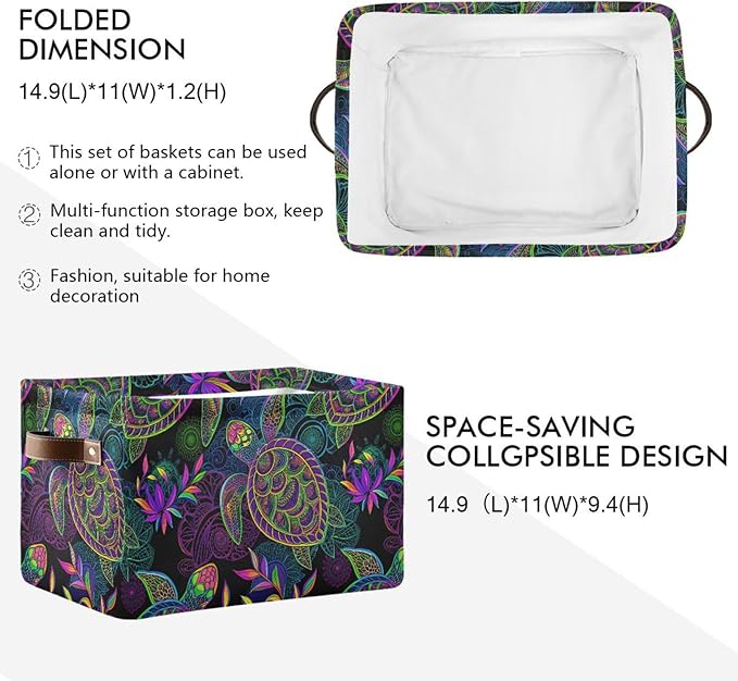 Large Storage Basket Bin Mandala Sea Turtle Storage Cube Box Foldable Canvas Fabric Collapsible Organizer with Handles for Home Office Closet, 2PCS