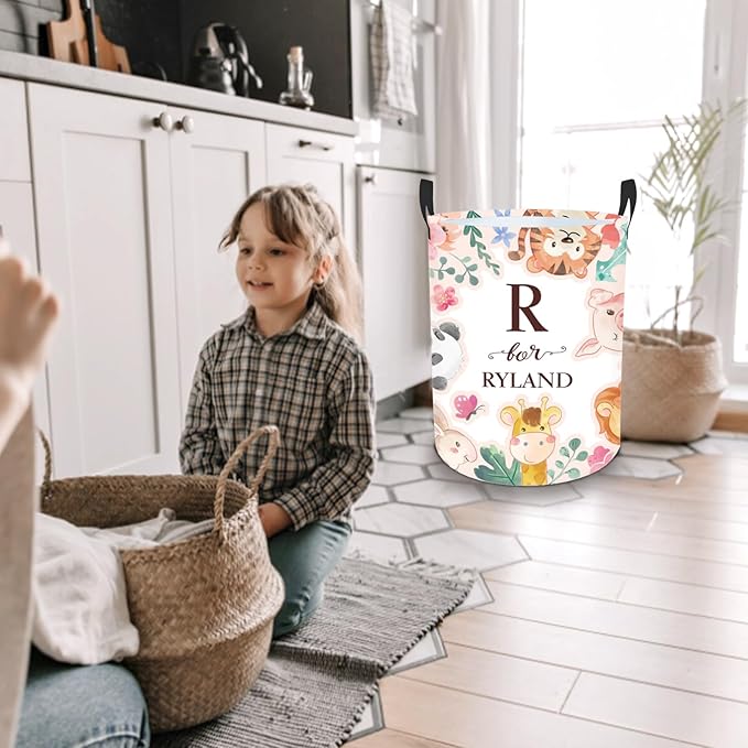 Custom Name Laundry Hamper Kids with Woodland Animals Print, Personalized Girl Laundry Basket for Nursery Bathroom, Customize Baby Name Laundry Baskets for Toddler Adults 2 Sizes