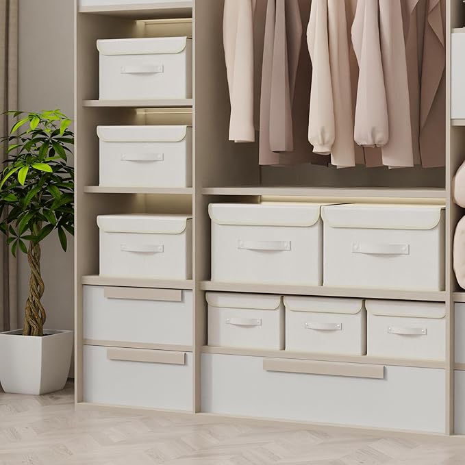 Fabric Storage Bins Cube Organizers with Flip-Top Lid and Handles,Storage Boxes for Organizing Home,Office,and Closet,Beige,5 Pack 15 x 9.8 x 9.8 in