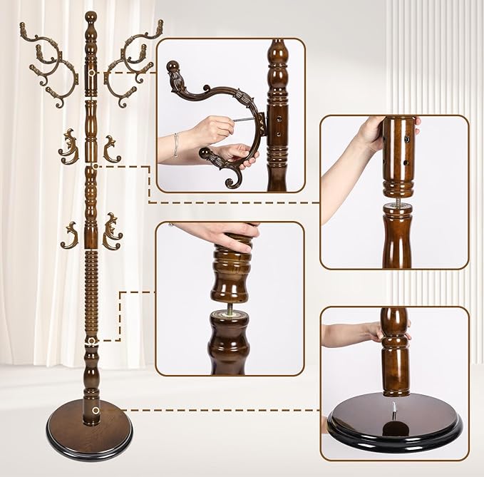 Coat Rack Stand, Solid Wooden Coat Tree with 14 Hooks, Heavy Duty Coat Rack Freestanding with Sturdy Round Base, Natural Birch Wood Coat Hanger Stand for Entryway Bedroom (Light Brown H9)