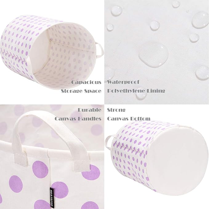 Sea Team 2-Pack 19.7 Inches Large Sized Waterproof Coating Ramie Cotton Fabric Folding Laundry Hamper Bucket Cylindric Burlap Canvas Storage Basket with Stylish Polka Dot Design (19.7", Purple)