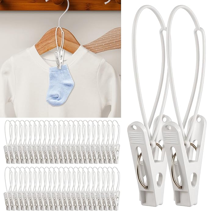 90 Pack Multi-Purpose Laundry Hooks Hanging Clips, Clothes Pins with Plastic Rope Hangers with Clips for Baby Clothes Pants Socks Towels Wardrobe & Kitchen Organization