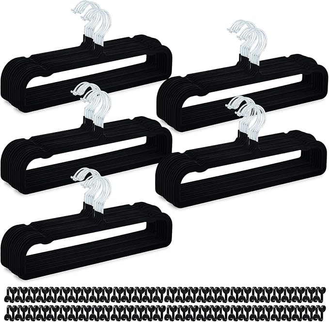 60sets/120pcs Velvet Pants Hangers Non Slip Black Felt Hangers with 60 Cascading Hooks, Space Saving 360 Degree Swivel Hook Closet Organizer for Jeans, Trousers, Leggings, Tank Top, Shorts and Skirts