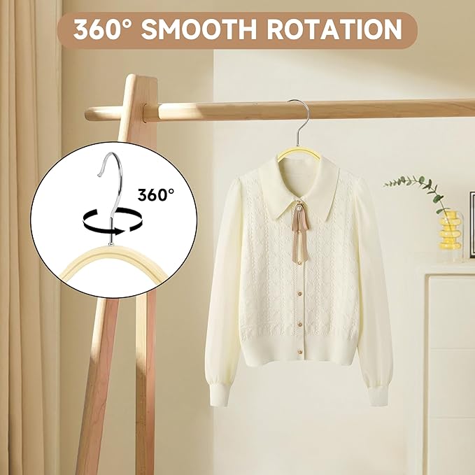 12-Pack Slim Wooden Hangers with Non-Slip Rubber Grips, Birch Plywood Hangers with Wood Pants Bar, Durable Space-Saving, Swivel Hook, No Shoulder Bumps for Shirts, Sweaters, Jackets & Dresses