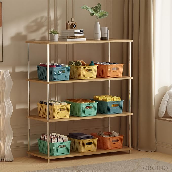 Plastic Storage Basket with Lids 12 Pack Stackable Colorful Storage Bins Containers with Lid, Decorative Storage Boxes for Organizing Shelves, Drawers, Playroom, Classroom, Office, Closet