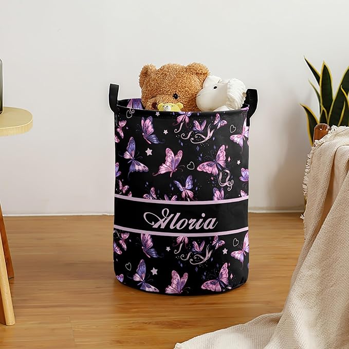 Large Custom Name Laundry Hamper, Butterfly Personalized Dirty Clothes Hamper Storage Basket with Name for Bathroom Bedrooms, Customized Name Circular Hamper with Handles for Baby Boys Girls Men Women
