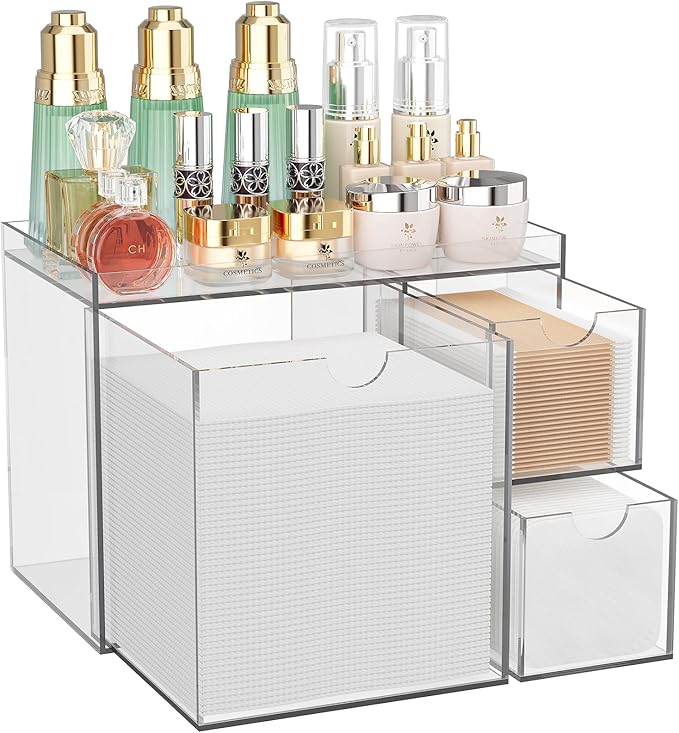 Youdepot Acrylic Face Towel Holder with Drawer – 4-Layer Disposable Face Towel Holder Organizer Box – Bathroom Countertop Storage for Cotton Pads, Swabs, and Skincare(Clear)